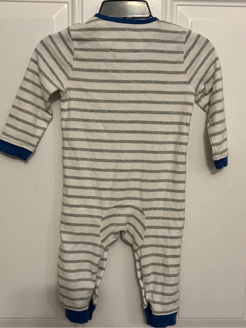 Baby Boden Gray & White Striped One-Piece with Blue Trim